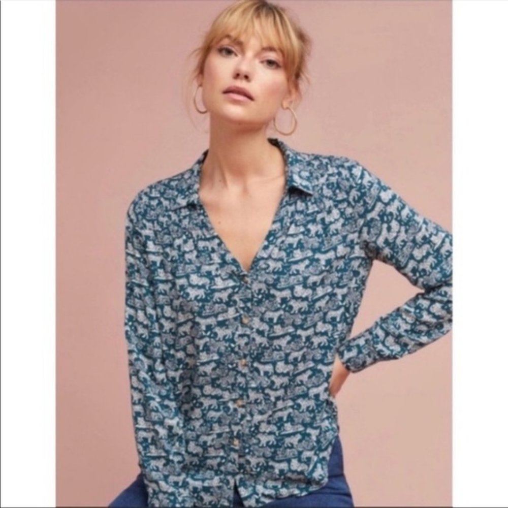 Maeve Anthropology Green Tiger Long Sleeve Button Down Shirt Womens Size 4